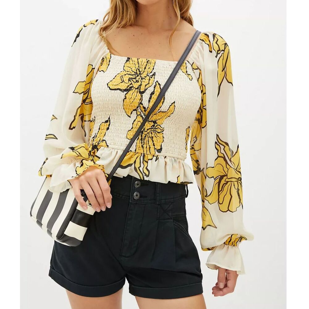 EUC Hutch Ruched Floral Puff-Sleeved Blouse, Yellow Flower Print, Sz L